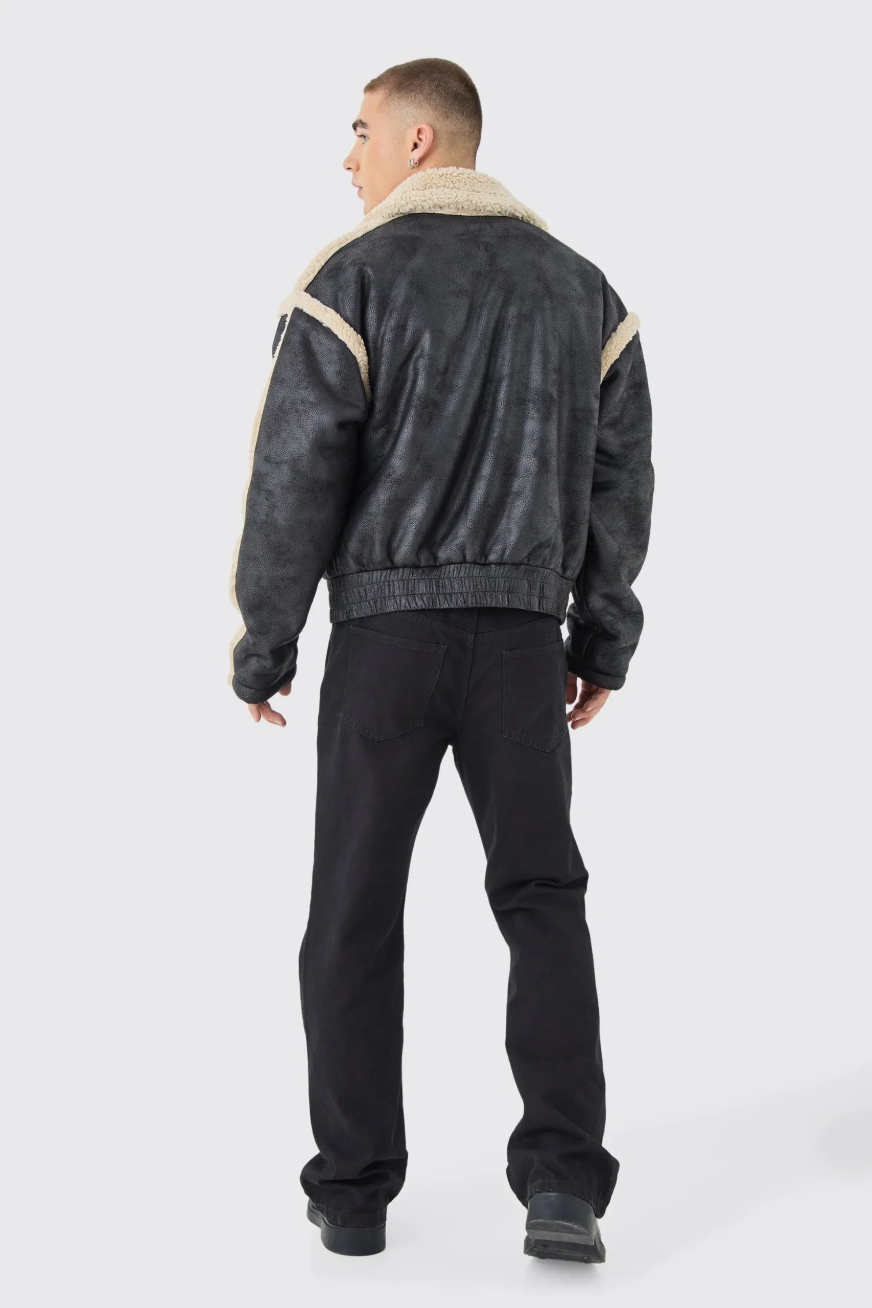 Boxy Fit Borg Lined Bomber Jacket In Black | BoohooMAN UK