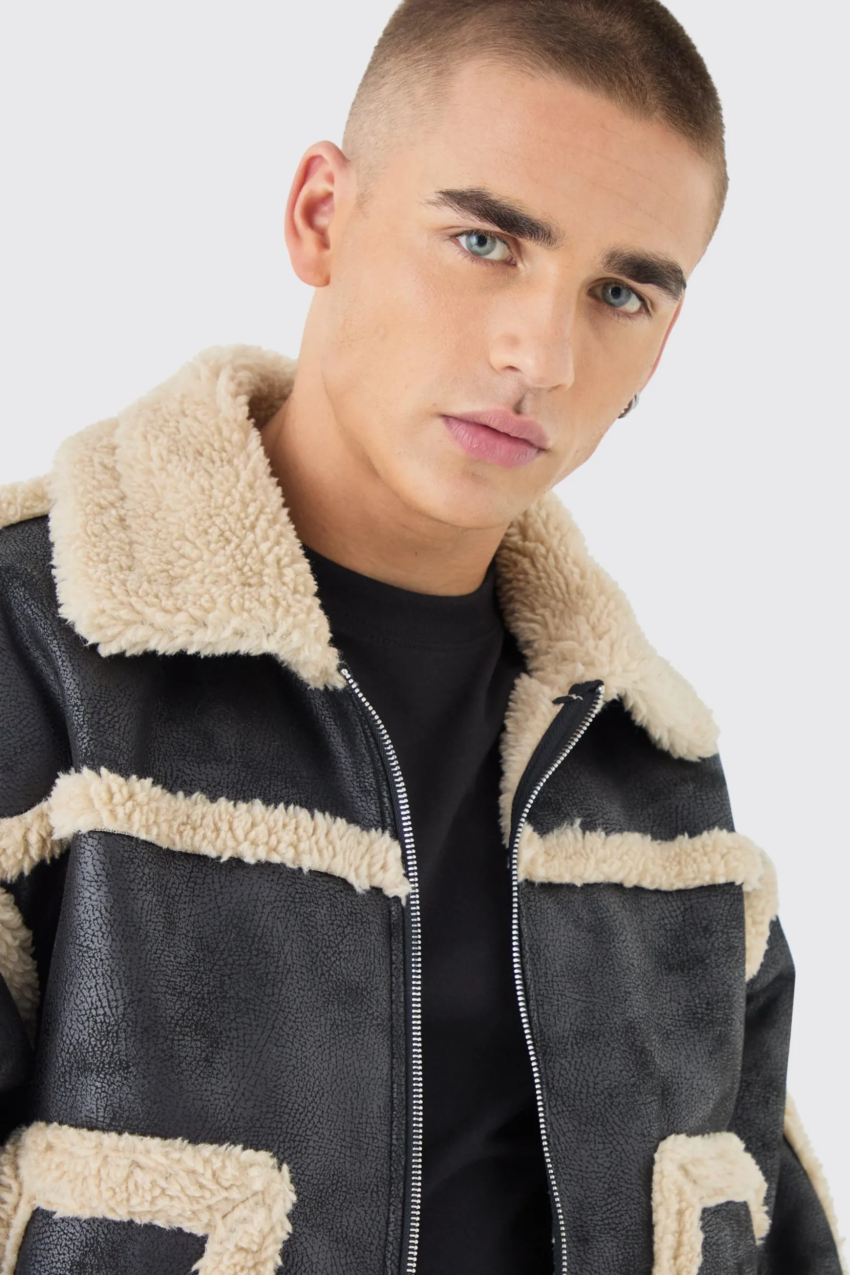 Boxy Fit Borg Lined Bomber Jacket In Black | BoohooMAN UK
