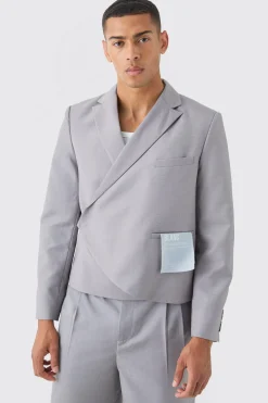 Boxy Fit Cropped Blazer With Wrap Over Detailing In Grey | BoohooMAN UK