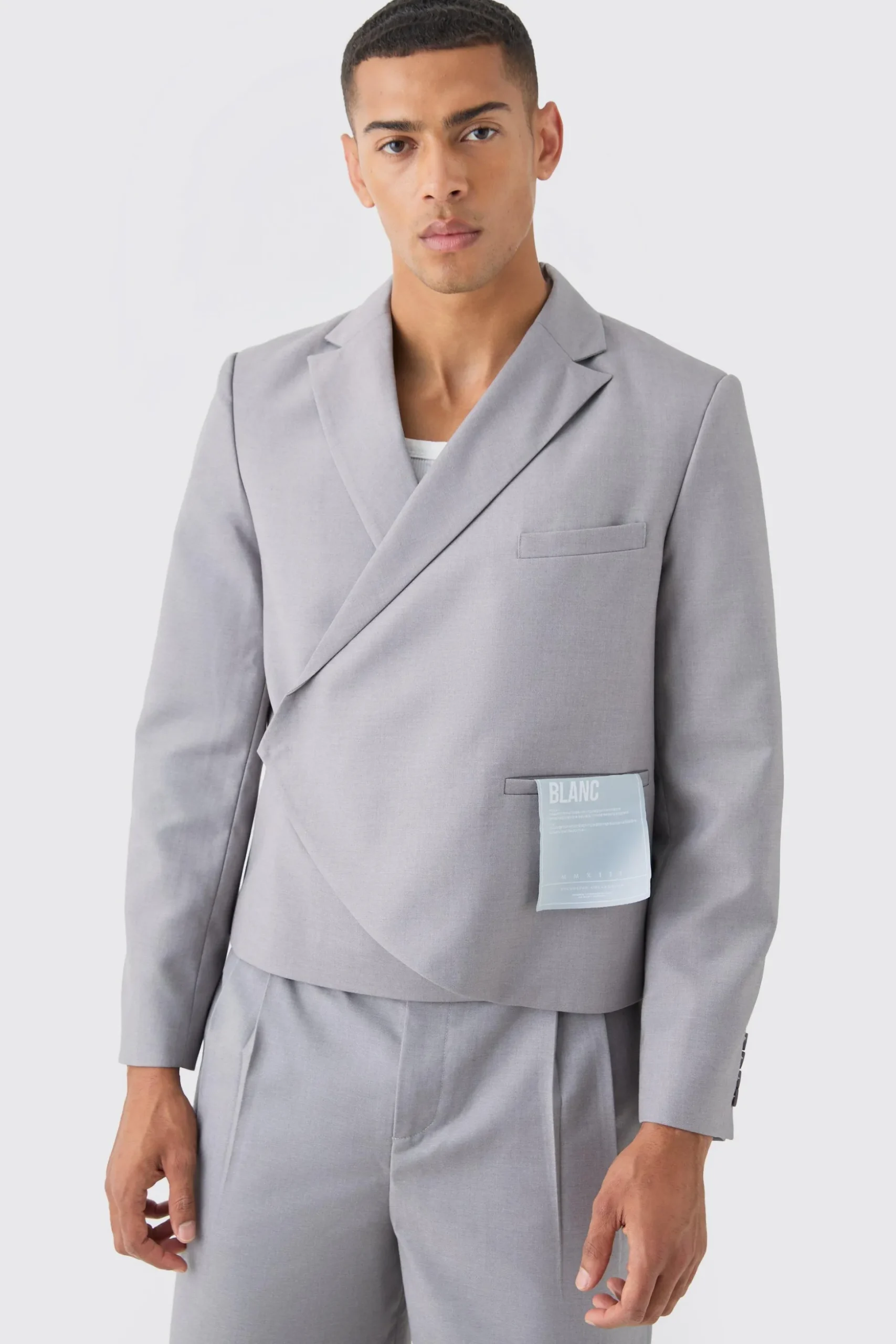 Boxy Fit Cropped Blazer With Wrap Over Detailing In Grey | BoohooMAN UK