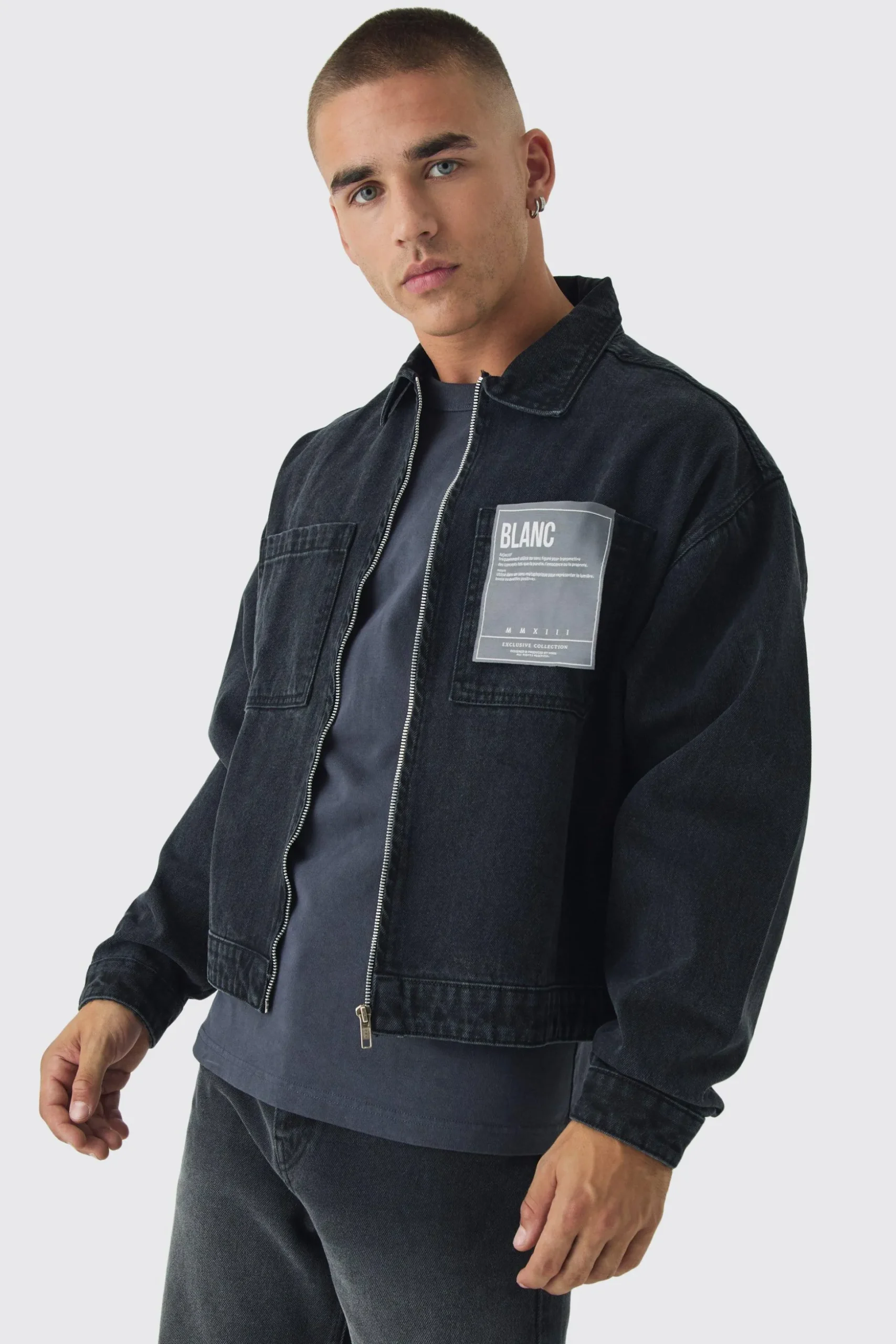Boxy Fit Denim Jacket With Woven Label | BoohooMAN UK