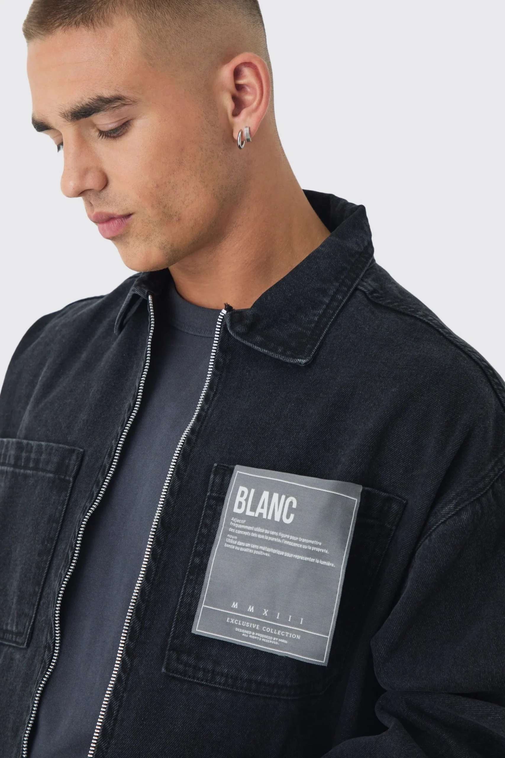 Boxy Fit Denim Jacket With Woven Label | BoohooMAN UK