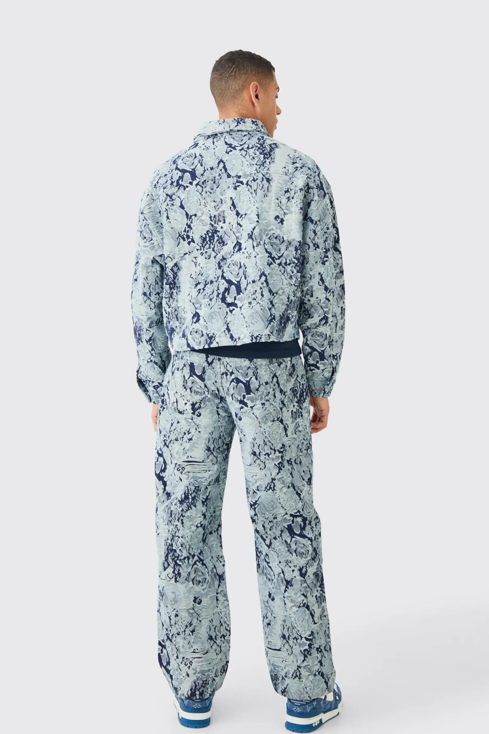 Boxy Fit Fabric Interest Distressed Denim Jacket | BoohooMAN UK