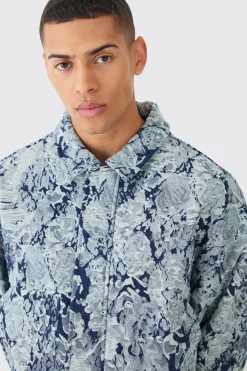 Boxy Fit Fabric Interest Distressed Denim Jacket | BoohooMAN UK