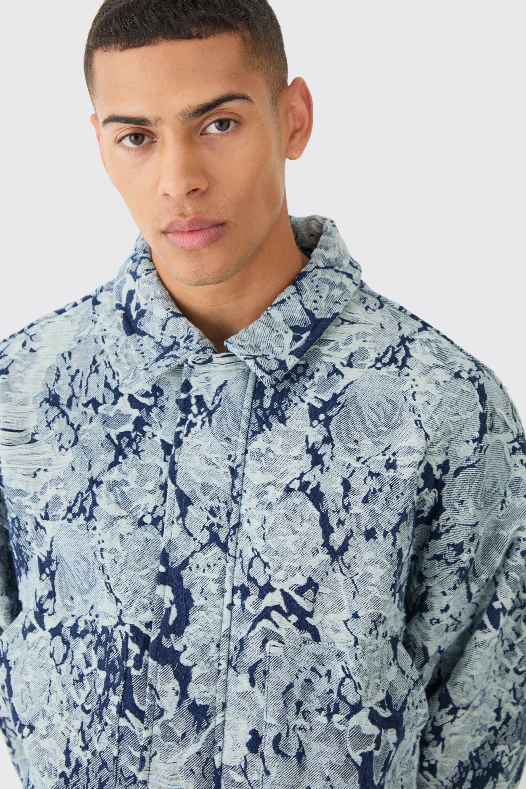 Boxy Fit Fabric Interest Distressed Denim Jacket | BoohooMAN UK