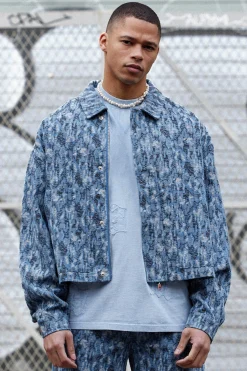 Boxy Fit Fabric Interest Distressed Denim Jacket | BoohooMAN UK