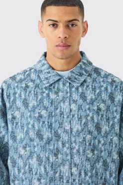 Boxy Fit Fabric Interest Distressed Denim Jacket | BoohooMAN UK