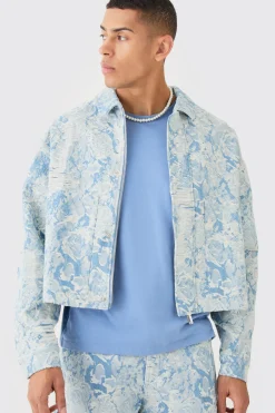 Boxy Fit Fabric Interest Distressed Denim Jacket | BoohooMAN UK