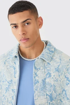 Boxy Fit Fabric Interest Distressed Denim Jacket | BoohooMAN UK