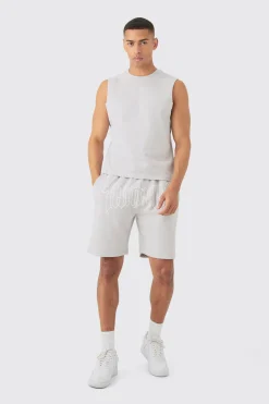 Boxy Fit Gothic Graphic Puff Print Tank & Short Set | BoohooMAN UK