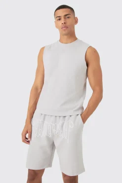 Boxy Fit Gothic Graphic Puff Print Tank & Short Set | BoohooMAN UK