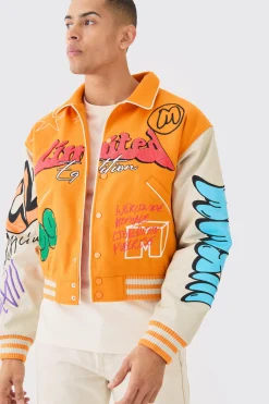 Boxy Fit Graffiti Varsity Jacket | BoohooMAN UK