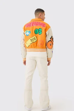 Boxy Fit Graffiti Varsity Jacket | BoohooMAN UK