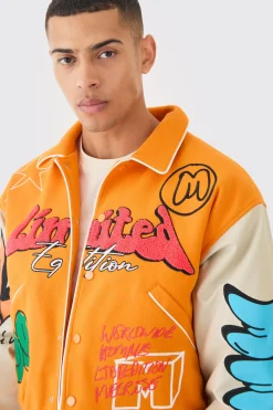 Boxy Fit Graffiti Varsity Jacket | BoohooMAN UK