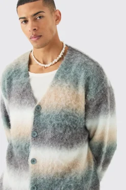 Boxy Fit Knitted Brushed Stripe Cardigan | BoohooMAN UK