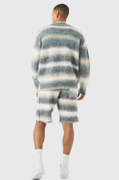 Boxy Fit Knitted Brushed Stripe Cardigan | BoohooMAN UK