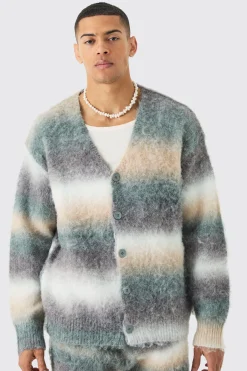 Boxy Fit Knitted Brushed Stripe Cardigan | BoohooMAN UK