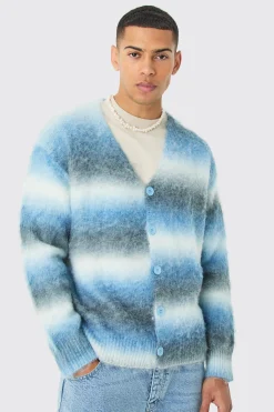 Boxy Fit Knitted Brushed Stripe Cardigan | BoohooMAN UK