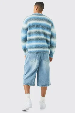 Boxy Fit Knitted Brushed Stripe Cardigan | BoohooMAN UK