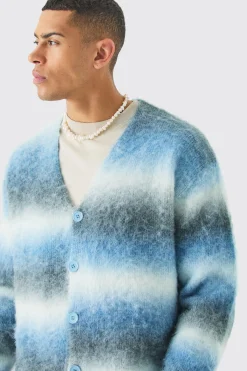 Boxy Fit Knitted Brushed Stripe Cardigan | BoohooMAN UK