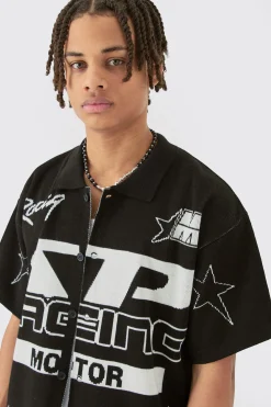 Boxy Fit Knitted Moto Shirt | BoohooMAN UK