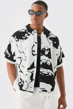 Boxy Fit Line Drawing Knitted Shirt | BoohooMAN UK