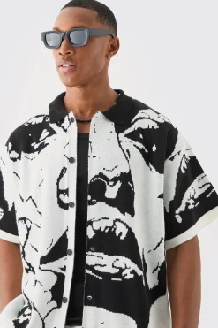Boxy Fit Line Drawing Knitted Shirt | BoohooMAN UK
