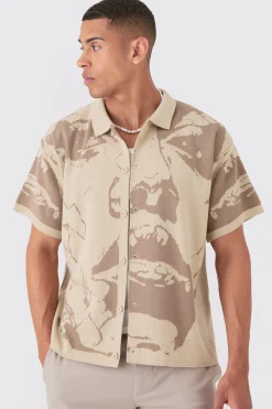 Boxy Fit Line Drawing Knitted Shirt | BoohooMAN UK