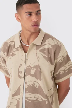 Boxy Fit Line Drawing Knitted Shirt | BoohooMAN UK