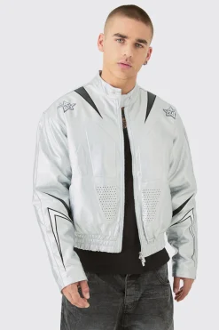 Boxy Fit Metallic Pu Panel Moto Bomber | BoohooMAN UK