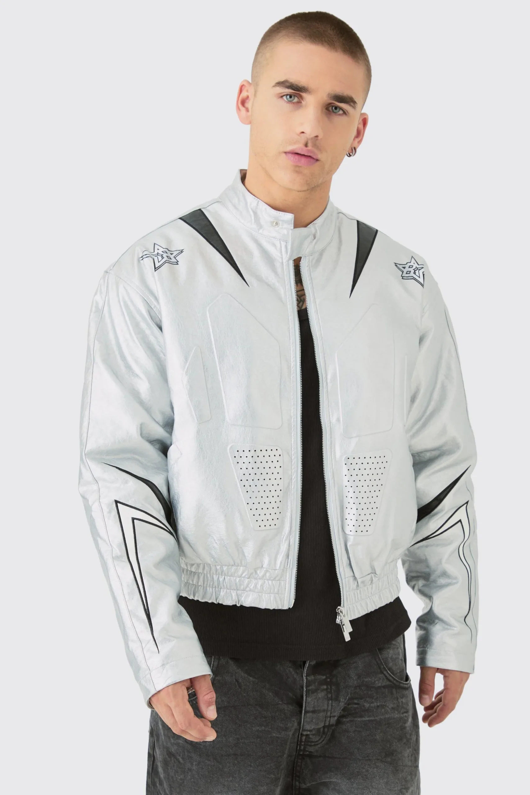 Boxy Fit Metallic Pu Panel Moto Bomber | BoohooMAN UK