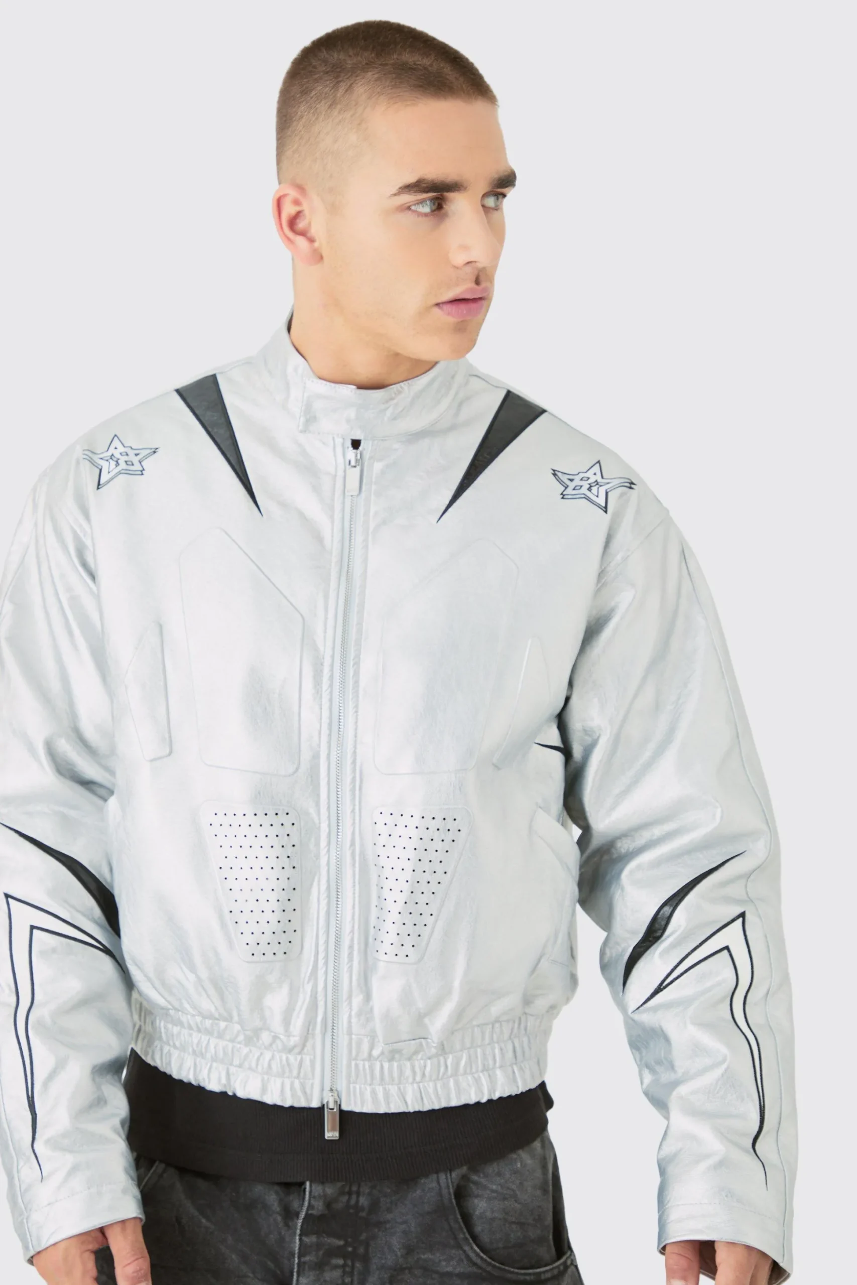 Boxy Fit Metallic Pu Panel Moto Bomber | BoohooMAN UK