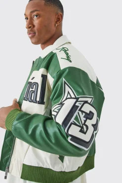 Boxy Fit Pu Moto Collared Bomber | BoohooMAN UK