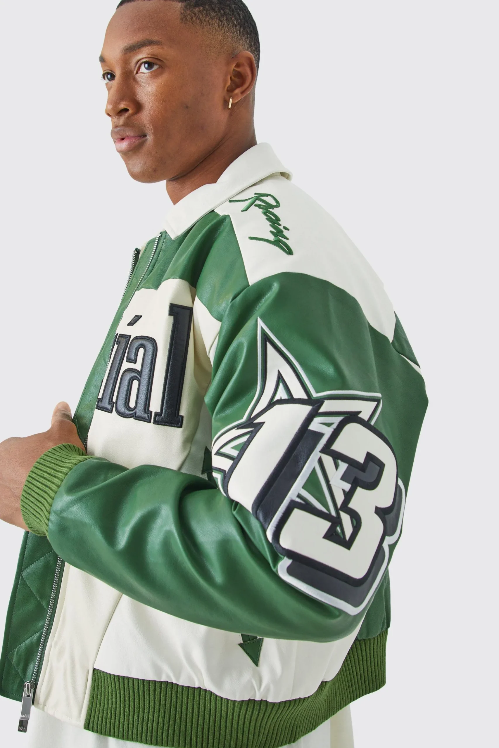 Boxy Fit Pu Moto Collared Bomber | BoohooMAN UK