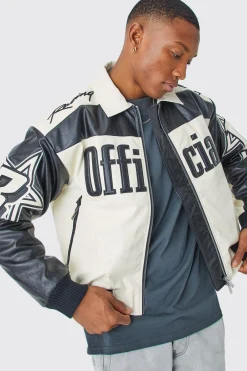Boxy Fit Pu Moto Collared Bomber | BoohooMAN UK