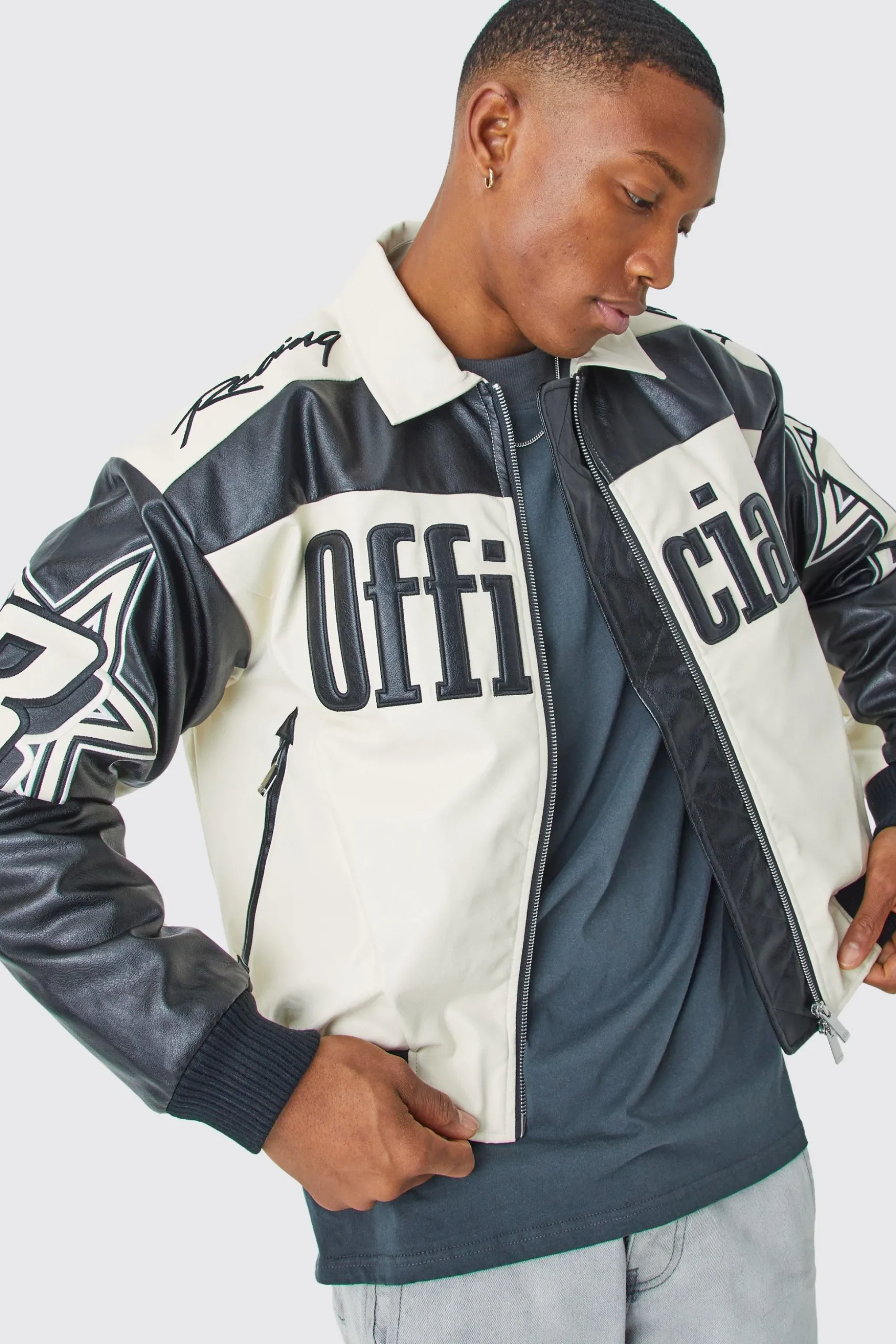 Boxy Fit Pu Moto Collared Bomber | BoohooMAN UK