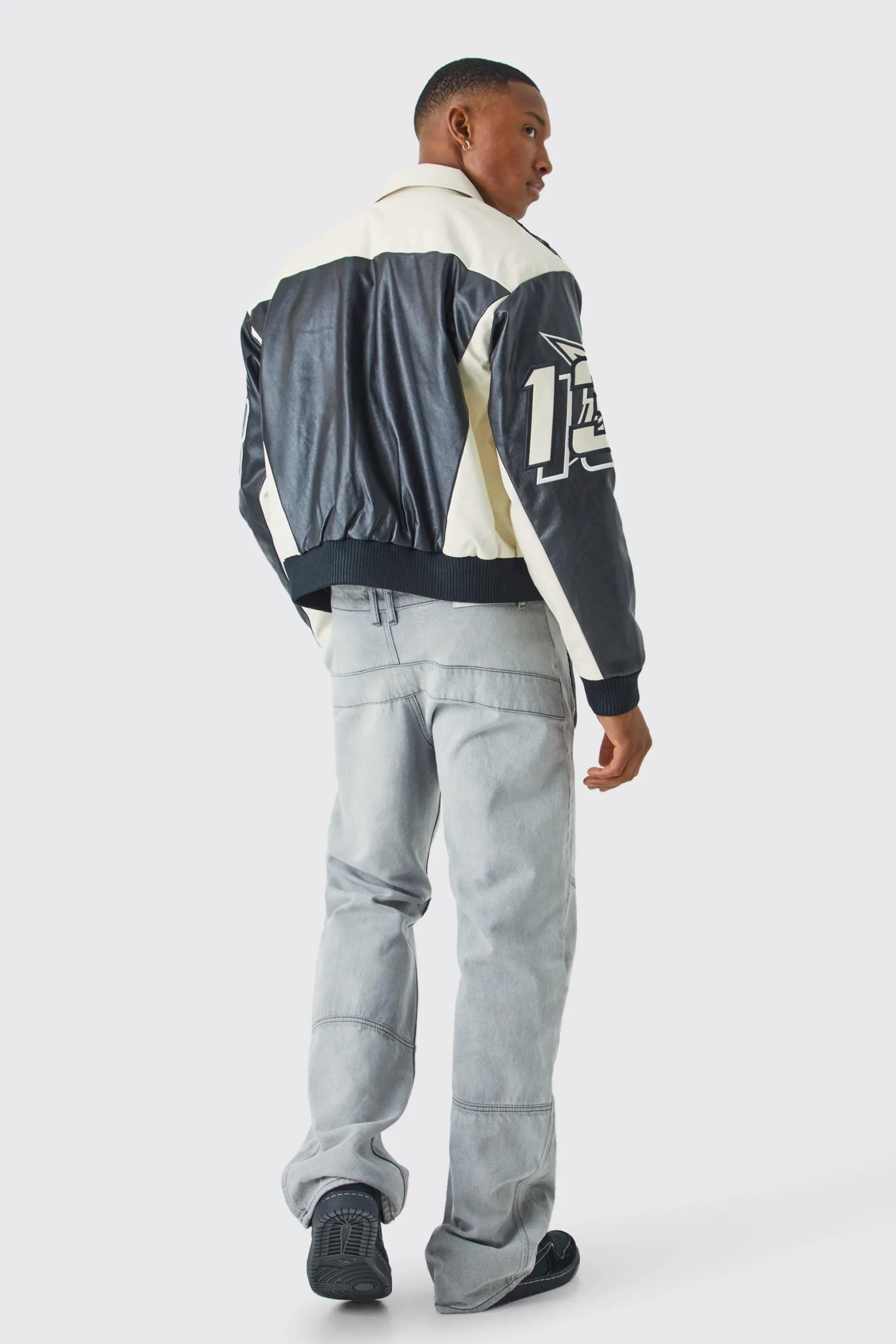 Boxy Fit Pu Moto Collared Bomber | BoohooMAN UK