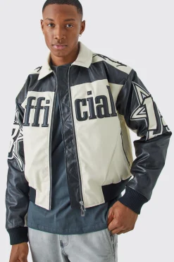Boxy Fit Pu Moto Collared Bomber | BoohooMAN UK