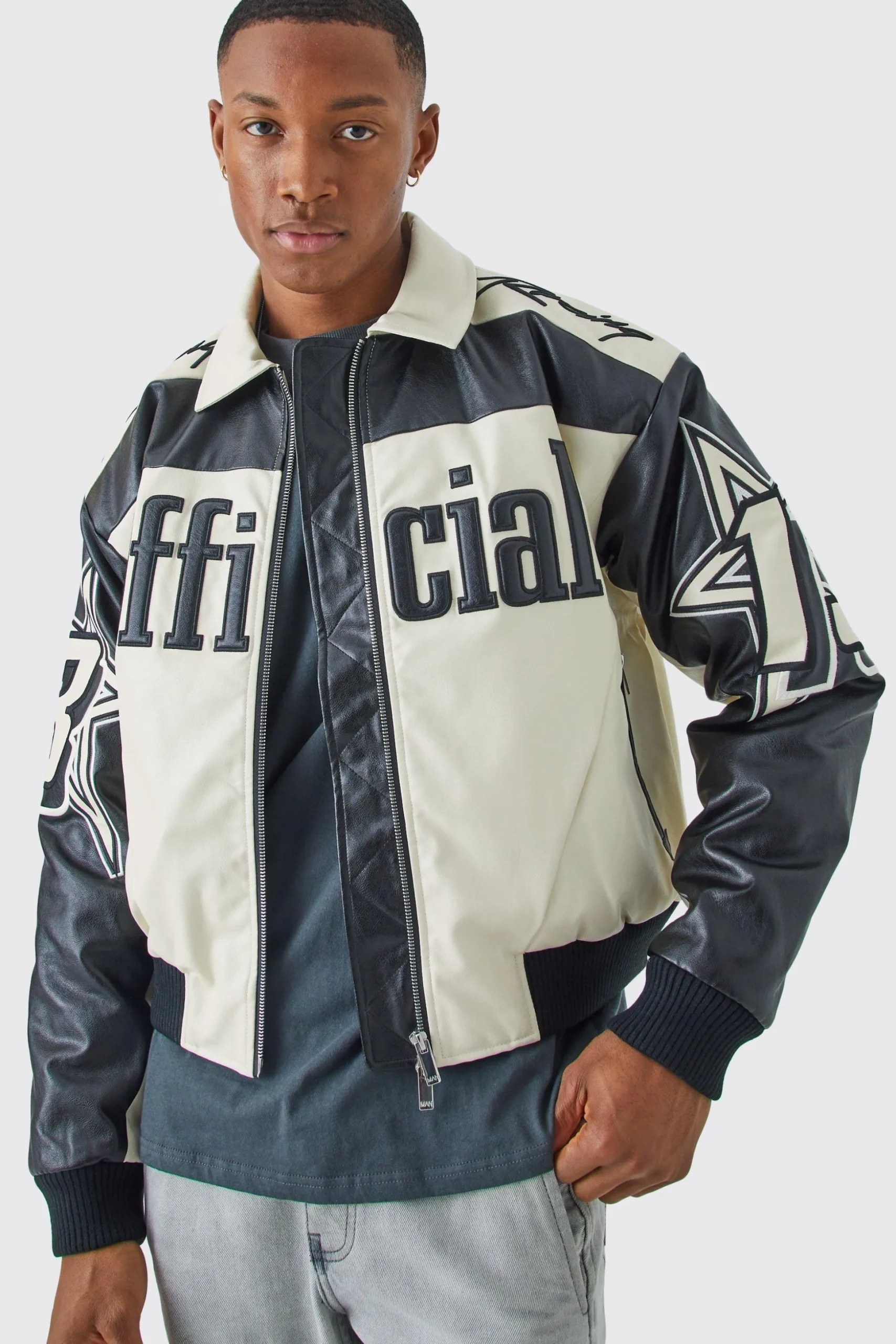 Boxy Fit Pu Moto Collared Bomber | BoohooMAN UK