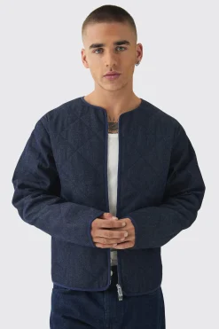 Boxy Fit Quilted Collarless Denim Jacket | BoohooMAN UK