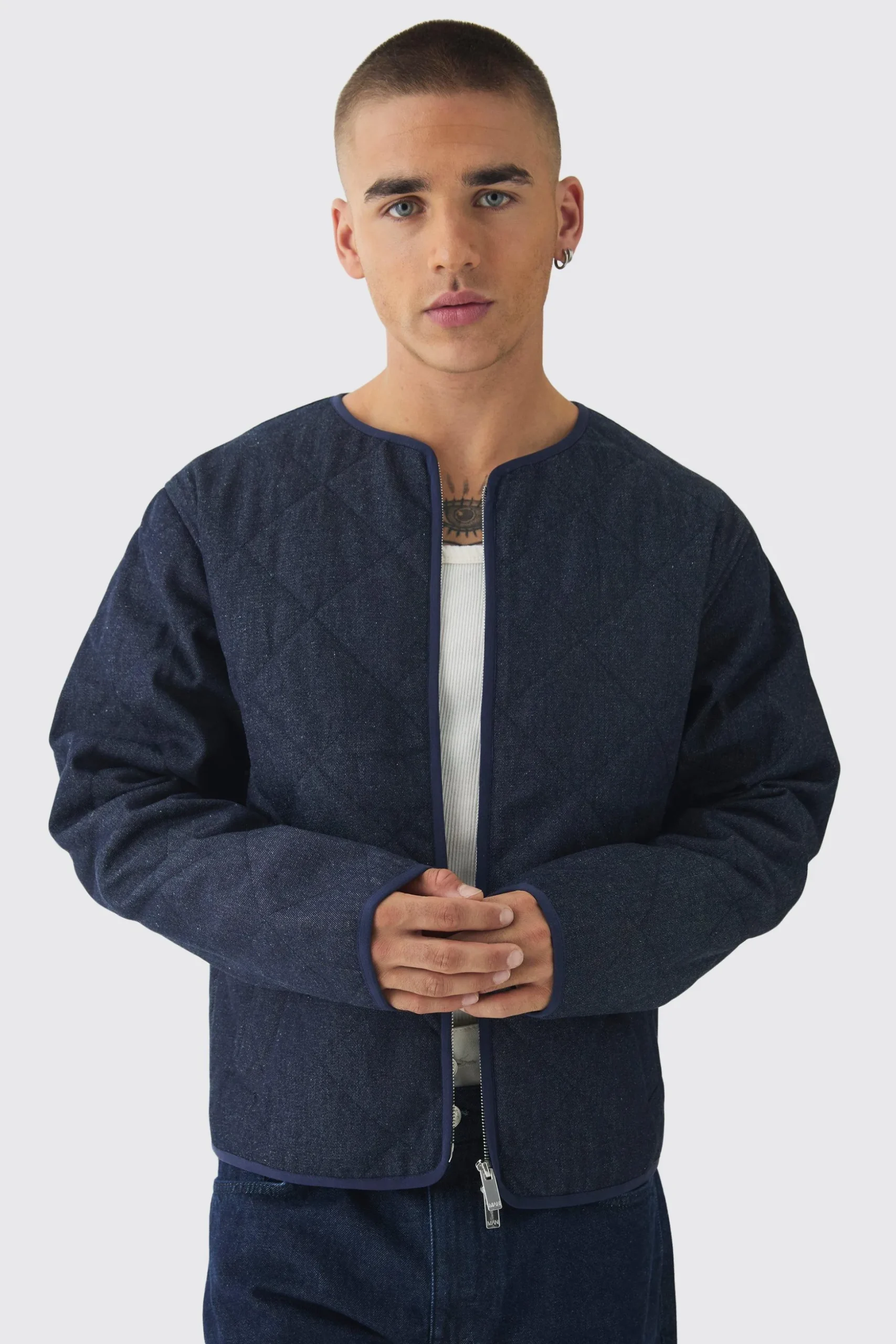 Boxy Fit Quilted Collarless Denim Jacket | BoohooMAN UK