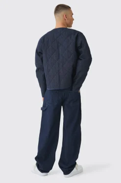 Boxy Fit Quilted Collarless Denim Jacket | BoohooMAN UK