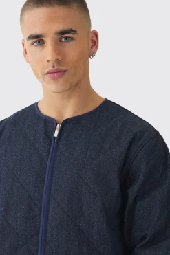 Boxy Fit Quilted Collarless Denim Jacket | BoohooMAN UK