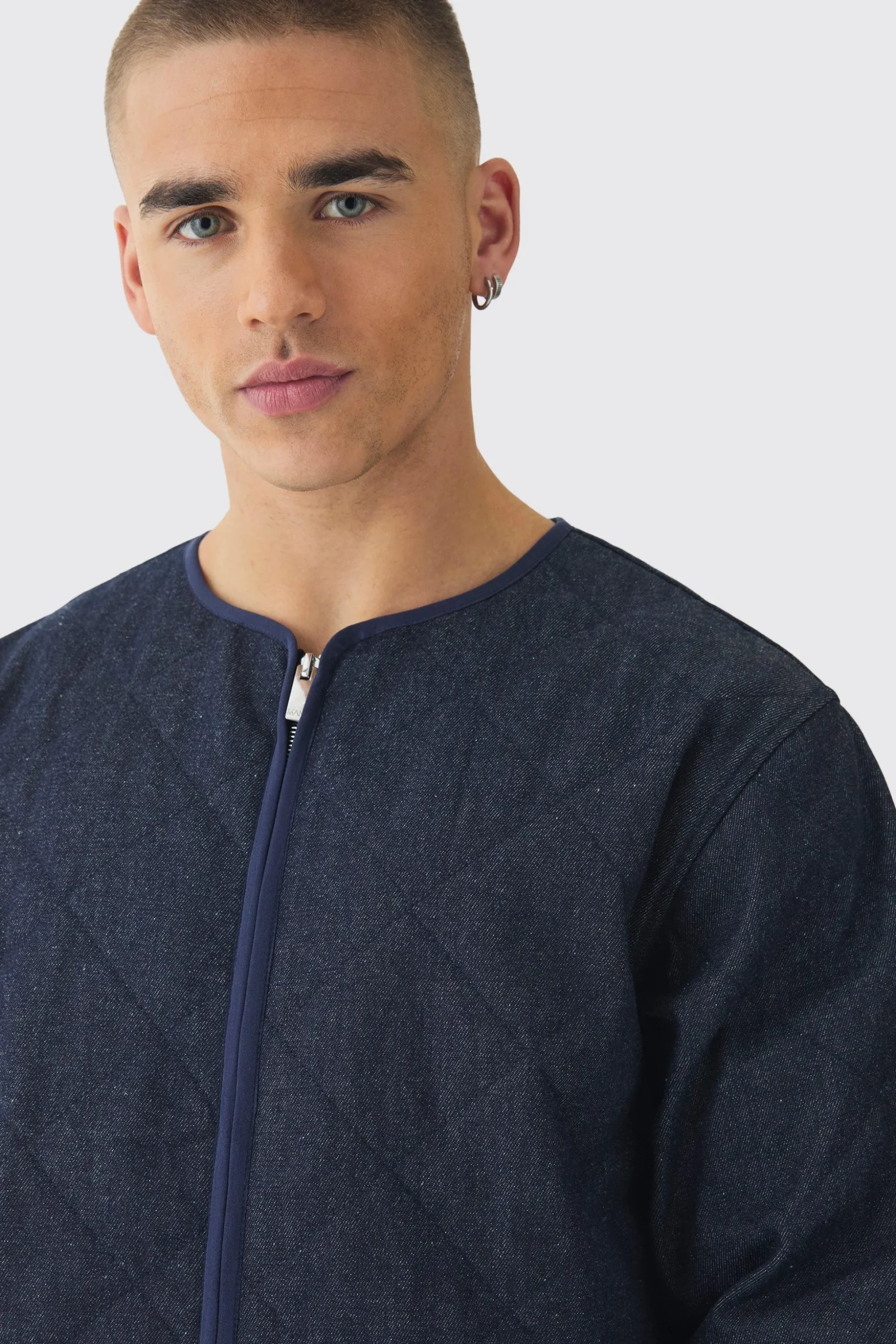 Boxy Fit Quilted Collarless Denim Jacket | BoohooMAN UK
