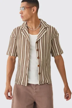 Boxy Fit Revere Open Weave Stripe Shirt | BoohooMAN UK