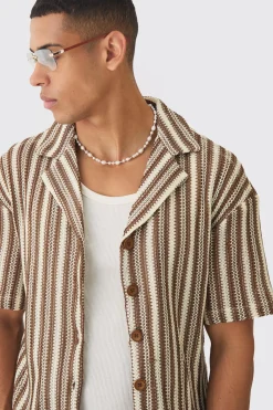 Boxy Fit Revere Open Weave Stripe Shirt | BoohooMAN UK