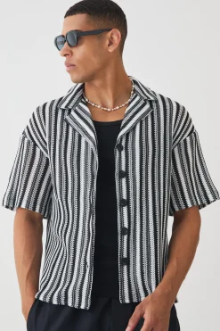Boxy Fit Revere Open Weave Stripe Shirt | BoohooMAN UK