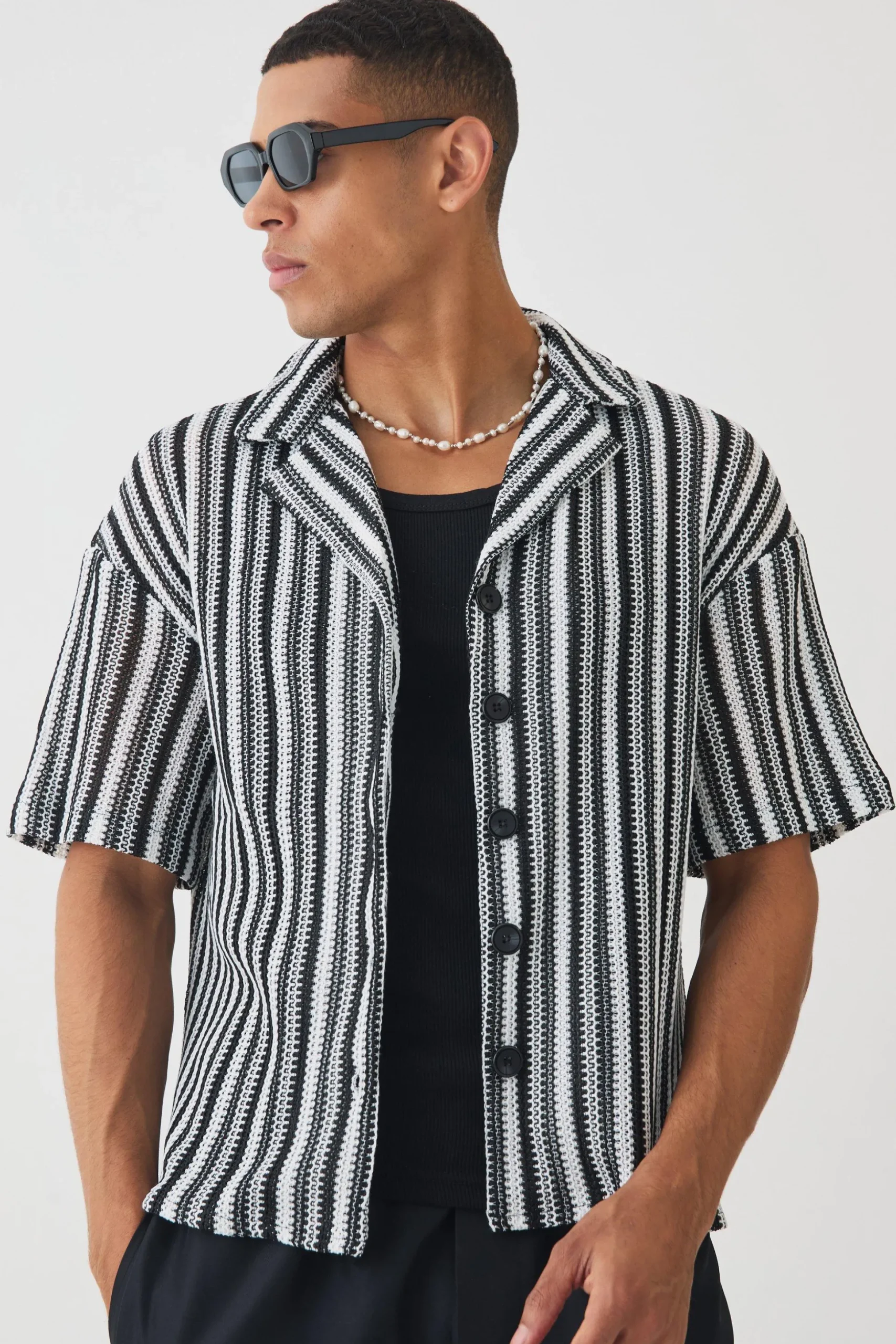 Boxy Fit Revere Open Weave Stripe Shirt | BoohooMAN UK