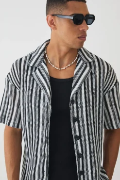 Boxy Fit Revere Open Weave Stripe Shirt | BoohooMAN UK