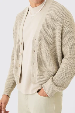 Boxy Fit Ribbed Fisherman Knit Cardigan | BoohooMAN UK